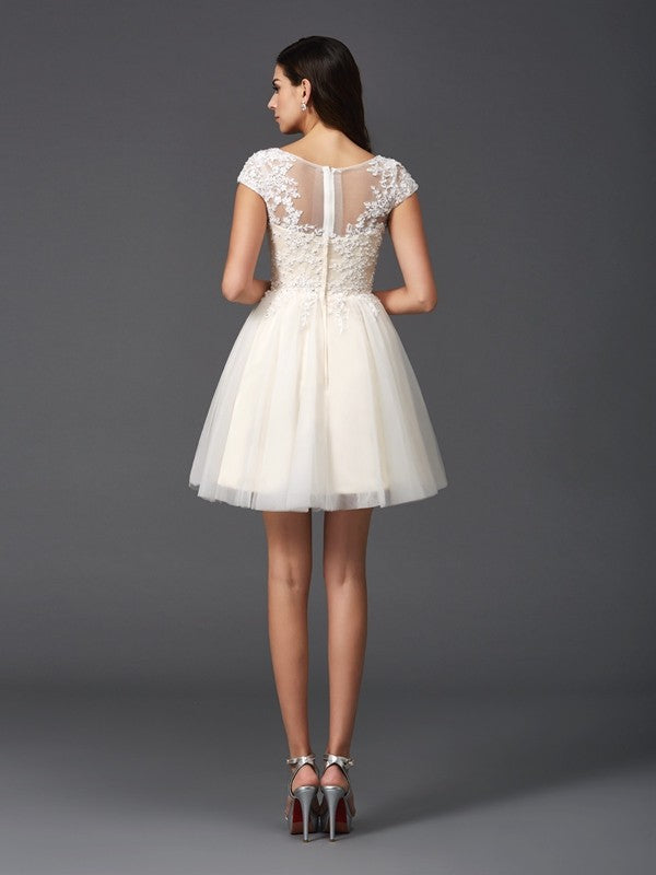Wholesale A-Line/Princess Scoop Applique Short Sleeves Short Net Dresses